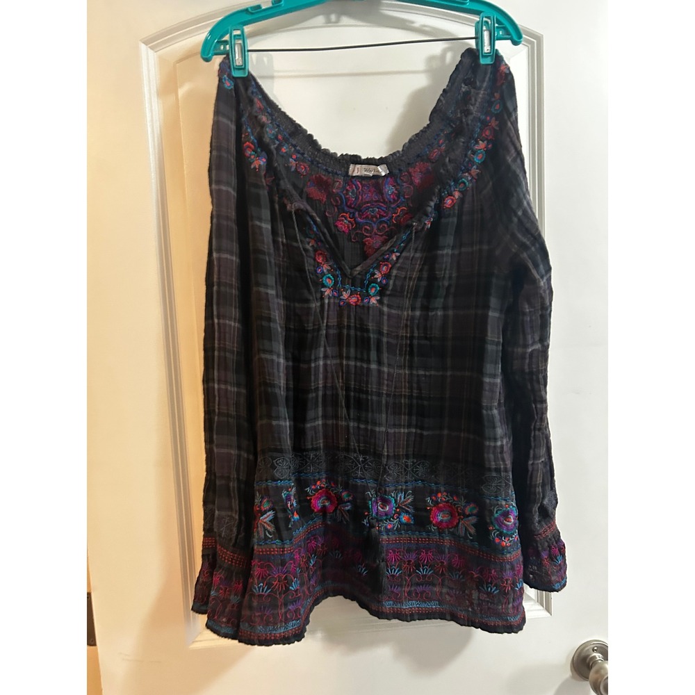 3J Workshop Johnny Was Plaid Embroidered Boho Peasant Blouse Tassels Gray M - Picture 3 of 10